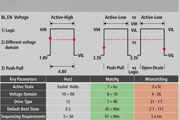 A logic-level comparison of BL_EN voltage thresholds and active-high/active-low behavior