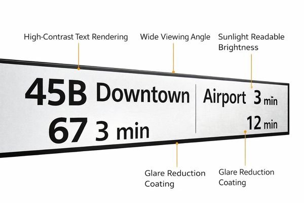 A close-up of a bar LCD showing crisp text for route numbers and arrival times