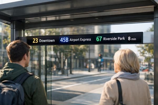 A modern bus stop featuring a clear, ultra-wide bar LCD info display