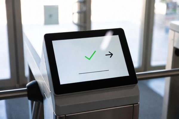 Large LCD display module on an access gate showing a clear check icon and arrow under mixed indoor lighting and daylight glare.