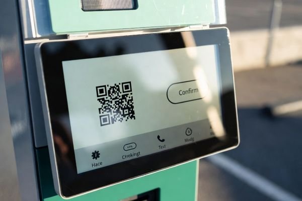 Outdoor parking payment terminal with a large LCD display module showing a high-contrast QR code interface readable in direct sunlight.