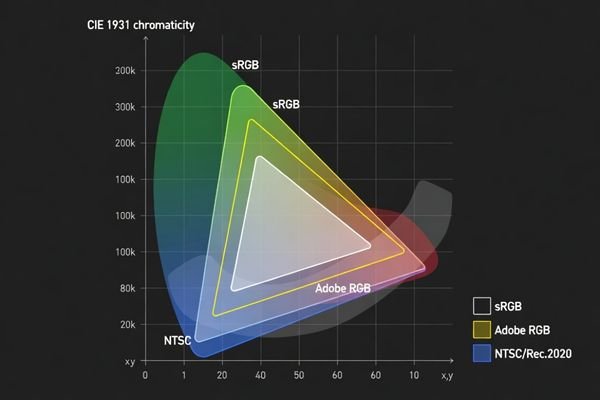 A CIE 1931 color space diagram showing different color gamut triangles such as sRGB and NTSC