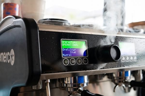 A coffee machine panel in a real-use environment with overhead lighting and visible moisture conditions