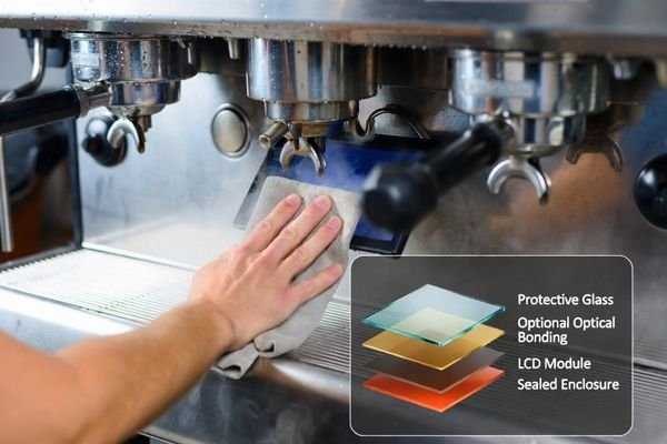 A coffee machine display panel being cleaned in a humid, high-use environment