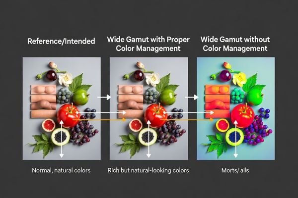 An image showing an oversaturated photo on a wide gamut display next to a more natural-looking one