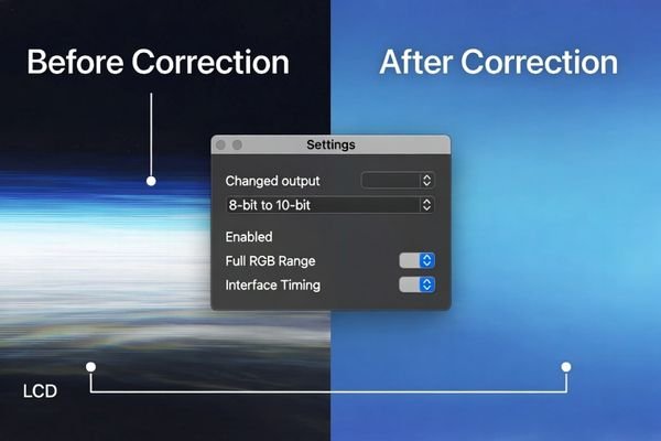Before-and-after comparison showing a banded gradient and the corrected smooth gradient on an LCD display