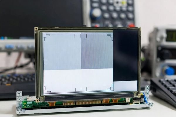 Cropped LCD display module image on an engineering test bench showing a resolution and timing mismatch during debugging