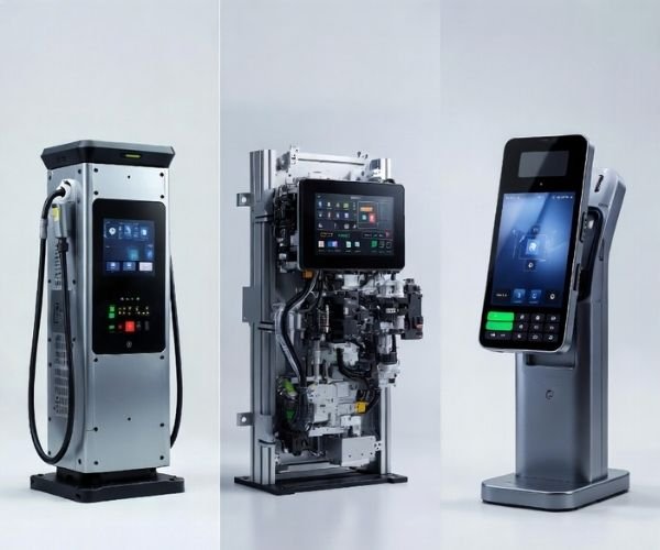 Collage of custom LCD module applications across EV charging, industrial control, self-service kiosk, and embedded equipment