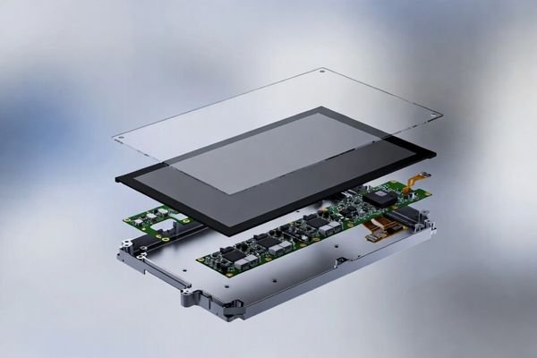 Custom LCD module development image showing a layered industrial display module with glass, LCD panel, PCB, and metal housing