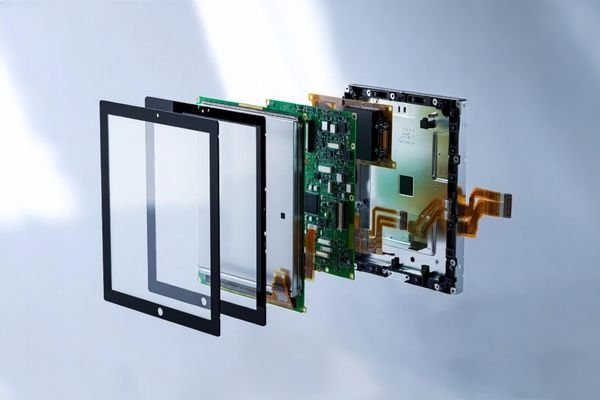 Custom LCD module engineering image showing a layered industrial display module with touch panel, LCD panel, PCB, and metal housing