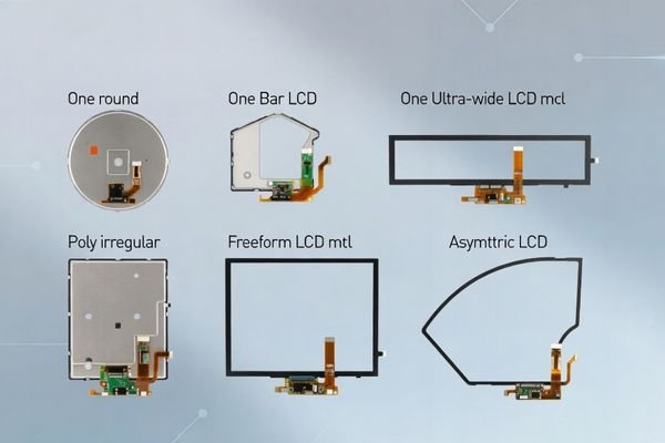 Custom special-shaped LCD modules including round, bar-type, ultra-wide, and irregular display module designs for industrial applications