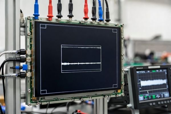 Large LCD display module on a lab fixture showing a border test pattern while an oscilloscope displays the DE window and pixel clock timing.