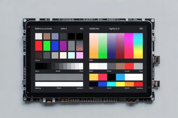 Delta E color accuracy comparison on an industrial LCD module showing reference-aligned colors and visible color deviation