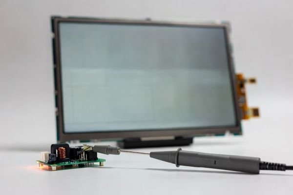 LCD display module showing faint periodic horizontal noise bars while a differential probe clips onto the power connector beside a small DC/DC board, illustrating power-noise diagnosis.