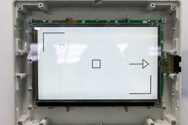 Large LCD display module showing an inverted asymmetric test pattern with an L-shaped corner marker and arrow for scan direction diagnosis.