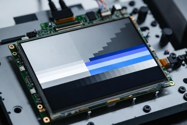 Industrial LCD display module showing visible color banding on a gradient test pattern during bit-depth diagnostics