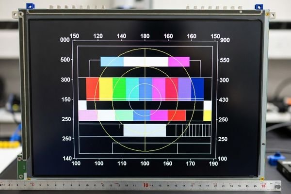 A test pattern with clear borders and corner markers displayed on a cropped screen
