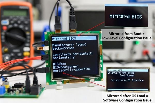 Mirrored BIOS or startup screen indicating a low-level display initialization issue