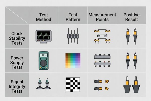 A table comparing diagnostic tests for different display faults