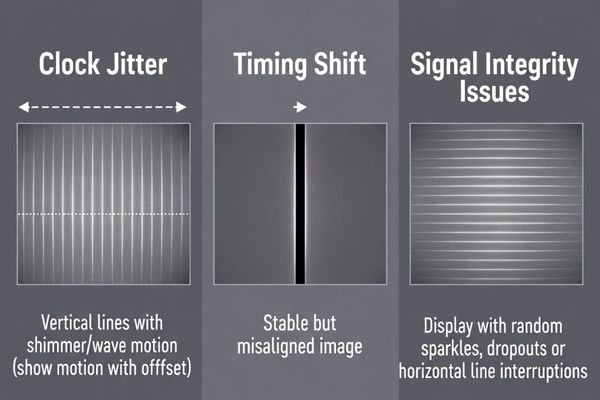 A diagram comparing clock jitter, timing shift, and signal integrity artifacts