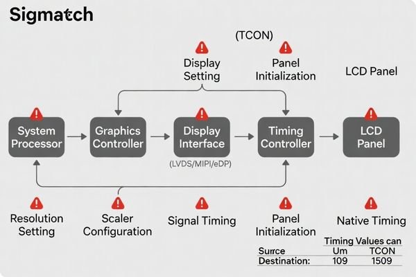 A block diagram of a display signal chain from SoC to LCD, highlighting potential mismatch points