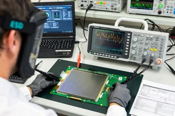An engineer probing an LCD module's clock line with an oscilloscope