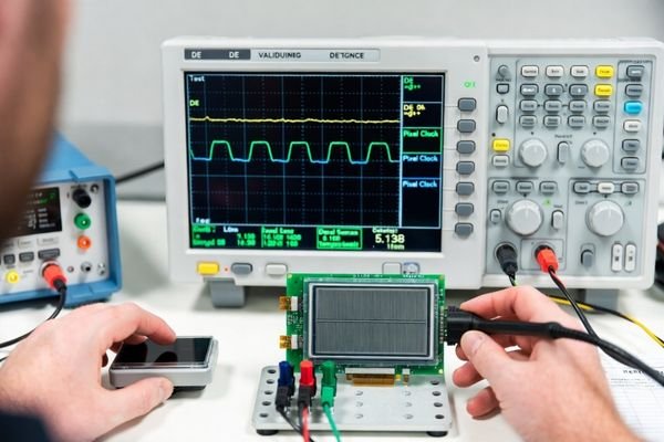 An engineer using an oscilloscope to verify DE timing on a test bench