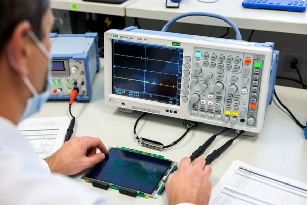 An engineer inspecting a 4CH LVDS harness for length matching and impedance control