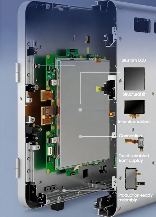 Custom LCD module integrated into equipment housing with structural fit, interface connection, and production-ready assembly