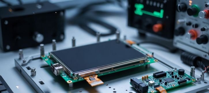 Custom LCD module development image showing prototype testing and engineering workflow