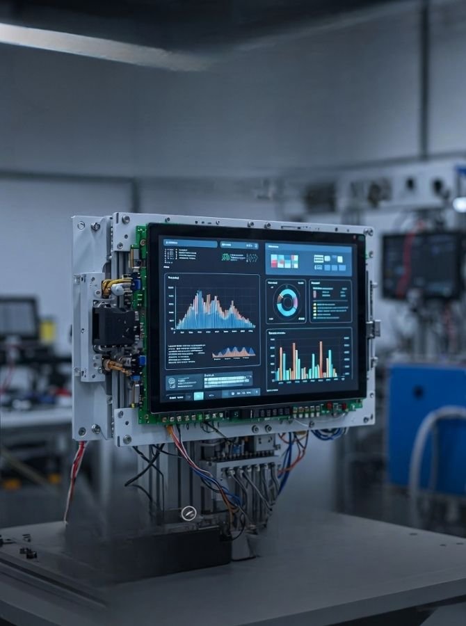 Industrial equipment with integrated wide temperature LCD module undergoing engineering evaluation