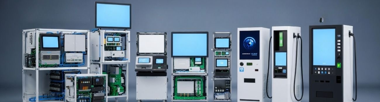 Wide industrial application scene showing large-size LCD modules used in customized display interface equipment
