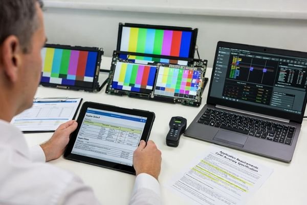 An engineer reviewing Delta E validation reports while comparing LCD module samples