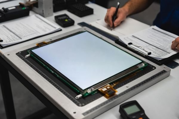 LCD display module under mura inspection with a uniform gray test pattern during quality acceptance review
