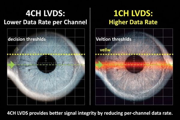 An eye diagram comparison showing a clean signal at a lower data rate versus a closed eye at a higher rate