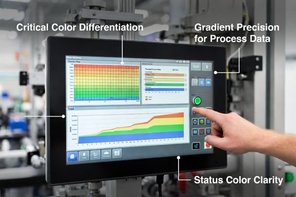 Industrial HMI screen showing color-coded process data on an LCD module