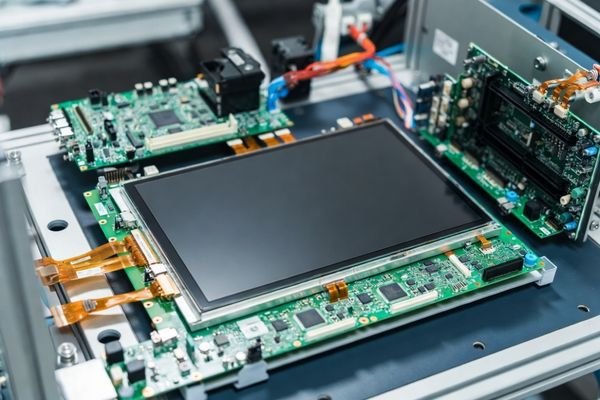 Large-size LCD module connected to control board and mainboard illustrating interface integration development process