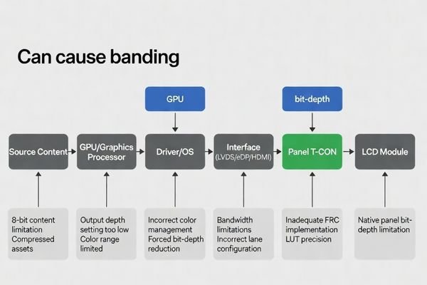 Display signal chain diagram highlighting common bit-depth failure points that can cause LCD banding