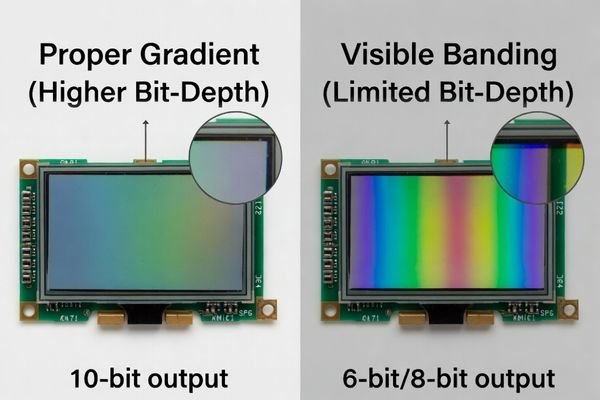 Side-by-side comparison of a smooth gradient and a banded gradient on an LCD display