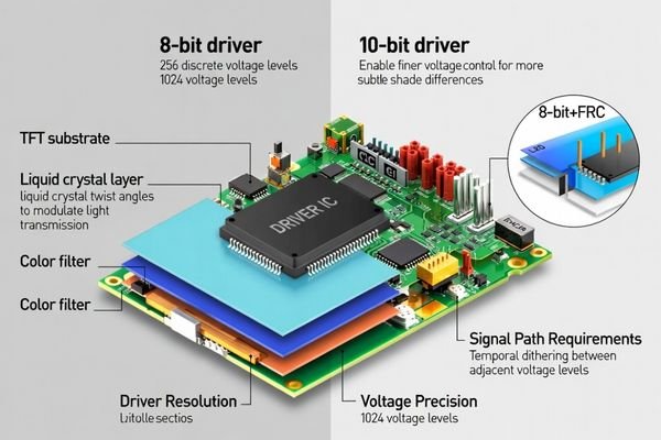 LCD driver diagram showing voltage control for multiple color depth levels
