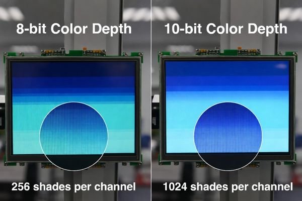 Industrial LCD module gradient comparison showing 8-bit vs 10-bit color depth