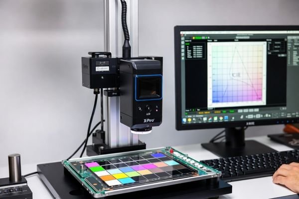 A display being measured by a colorimeter in a controlled lab environment