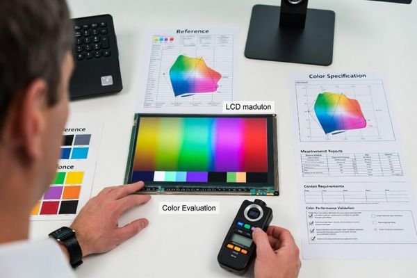 An engineer reviewing a color measurement report alongside the physical LCD module