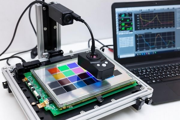 A colorimeter measuring a test color patch on an industrial LCD module
