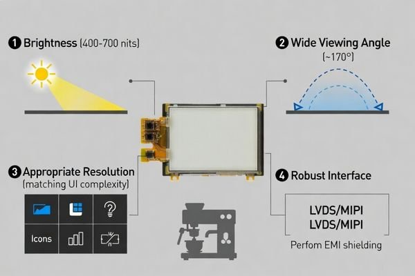 A technical illustration highlighting brightness, viewing angle, resolution, and interface for a coffee machine LCD module