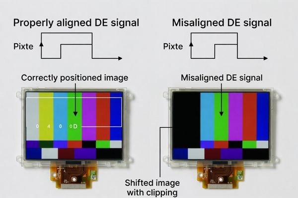 A diagram showing an LCD screen with a shifted image caused by a misaligned DE signal