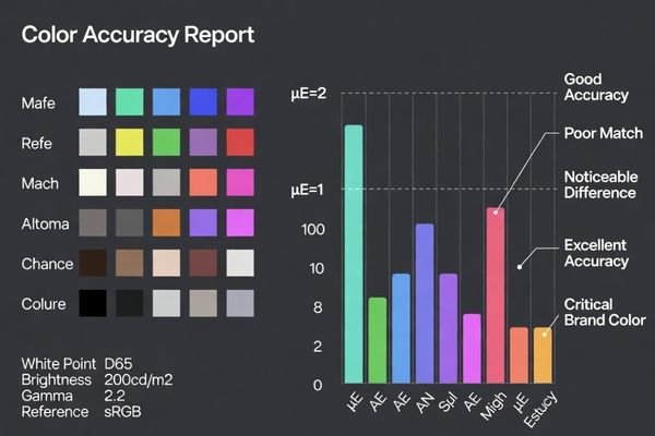 A chart showing Delta E measurement results across multiple color patches on an LCD display module