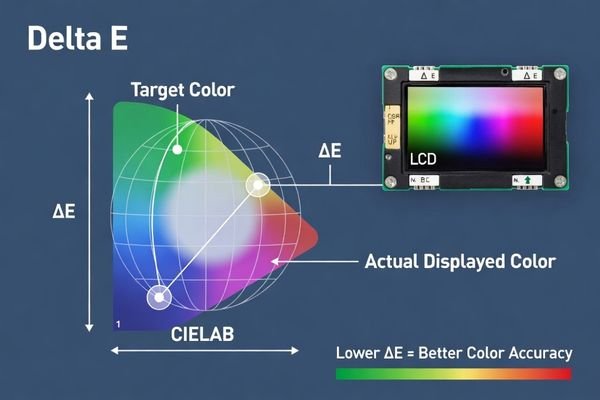 A graphic illustrating Delta E as the distance between a reference color and a displayed color on an LCD module