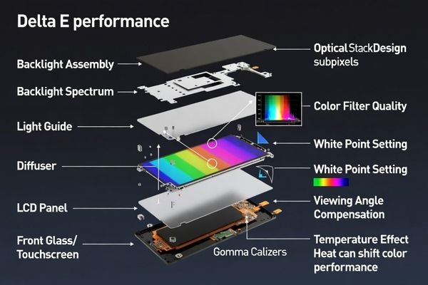 A system diagram showing backlight, color filter, calibration, and optical stack as key Delta E factors in an LCD module