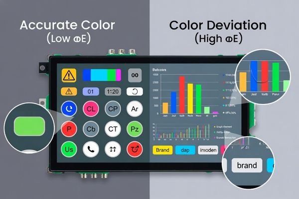 A split-screen comparison showing accurate color reproduction versus noticeable color deviation on an LCD module interface